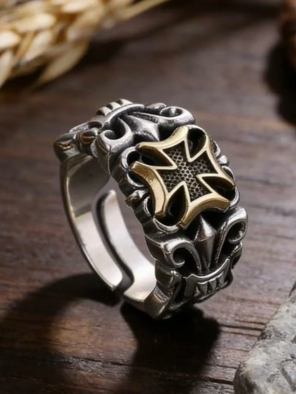 Men's Gothic Cross Two-Tone Stainless Steel Ring - Silver & Gold Adjustable 9-14
